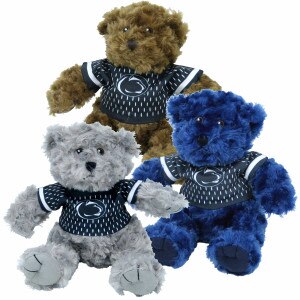 plush stuffed gray, navy, and tan bears with Penn State football jerseys